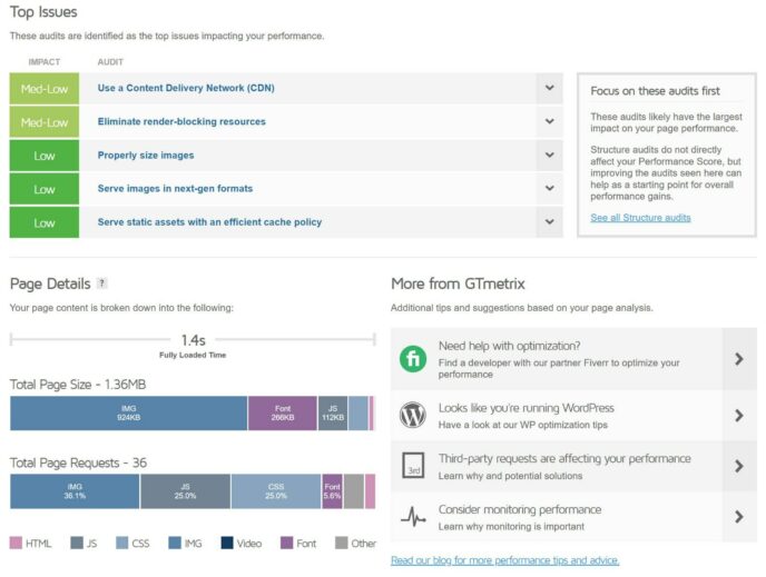 GTmetrix advanced summary details