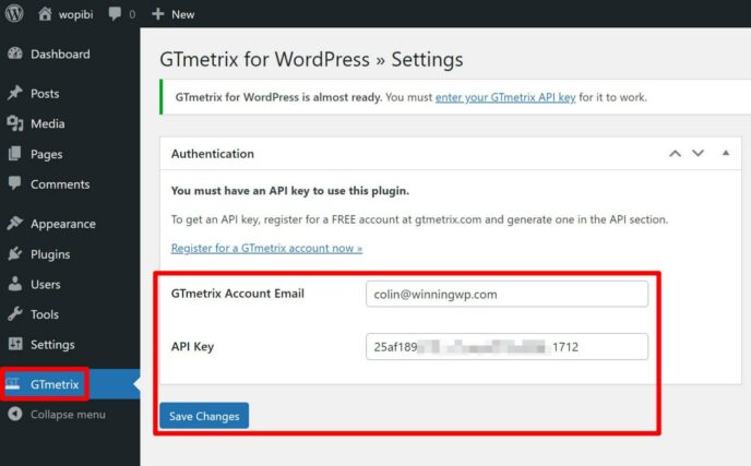 The GTmetrix WordPress plugin settings