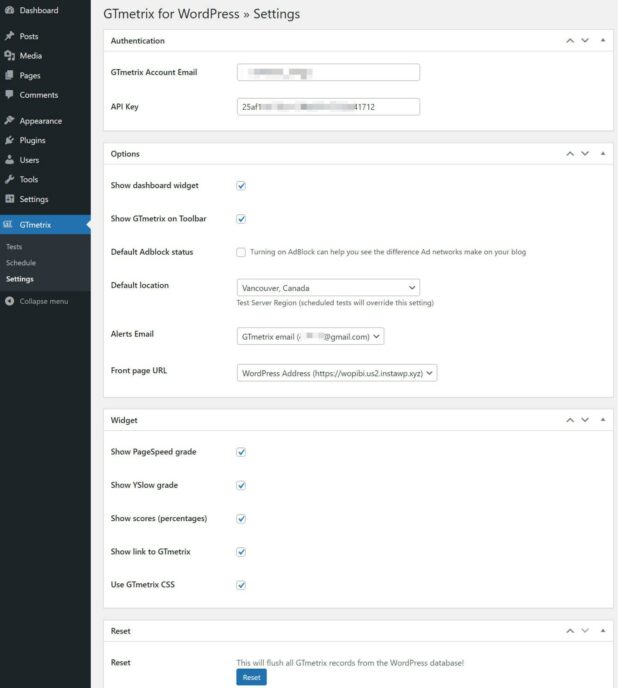 Configuring the GTmetrix WordPress plugin