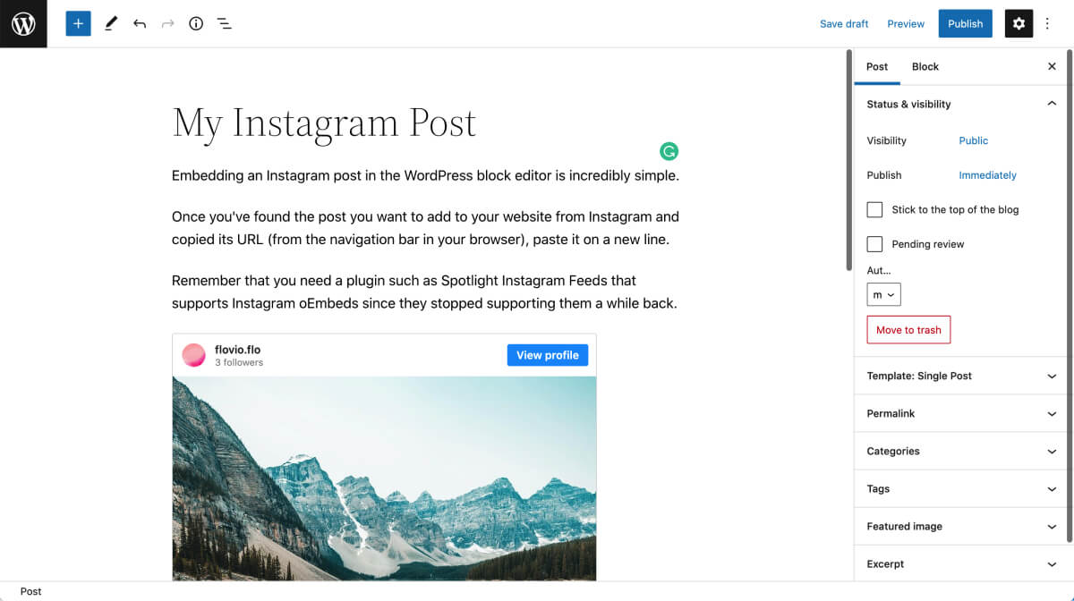 Adding an Instagram post in the block editor.