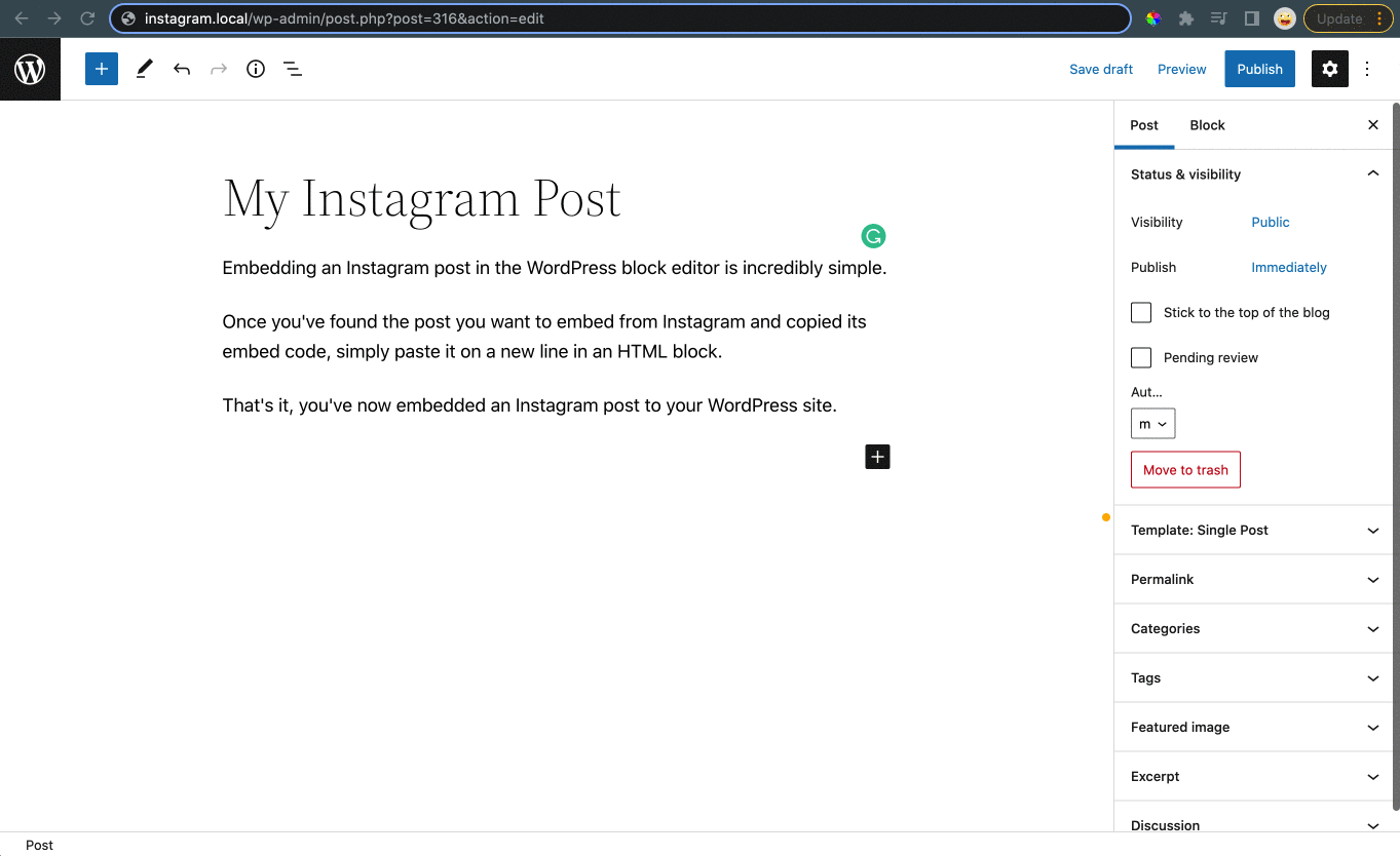 Embedding an Instagram post using the embed code in the block editor.