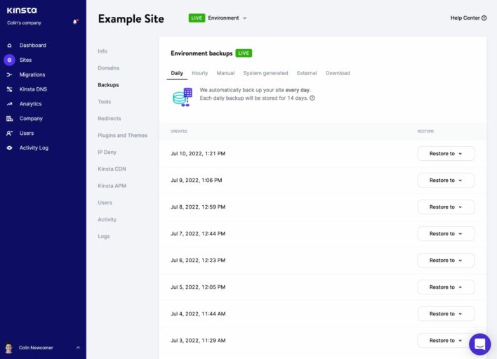 Kinsta's custom dashboard for backups