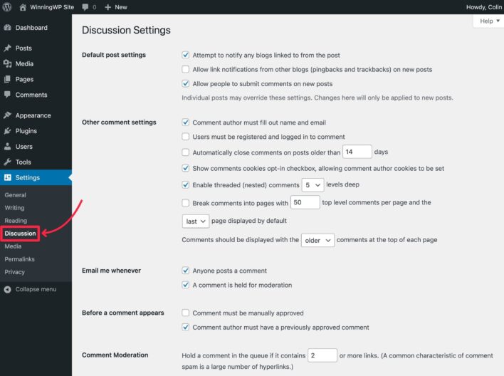 How to configure WordPress blog comments.