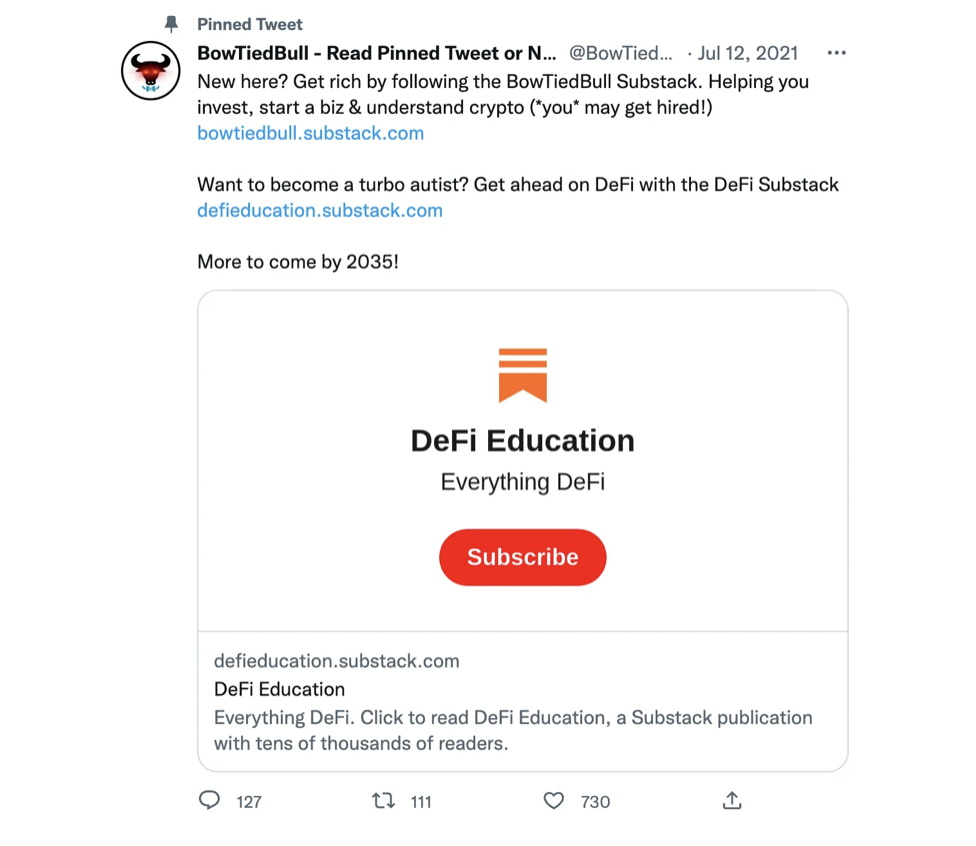 Example of pinning a Tweet with your Substack link included