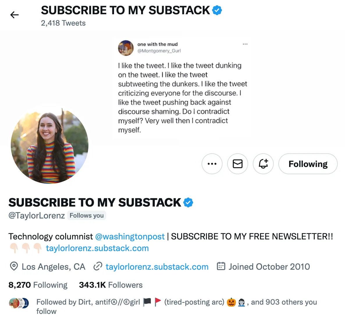 Picture of Lorenz Taylor's Twitter page, where she changed her name to "subscribe to my substack"