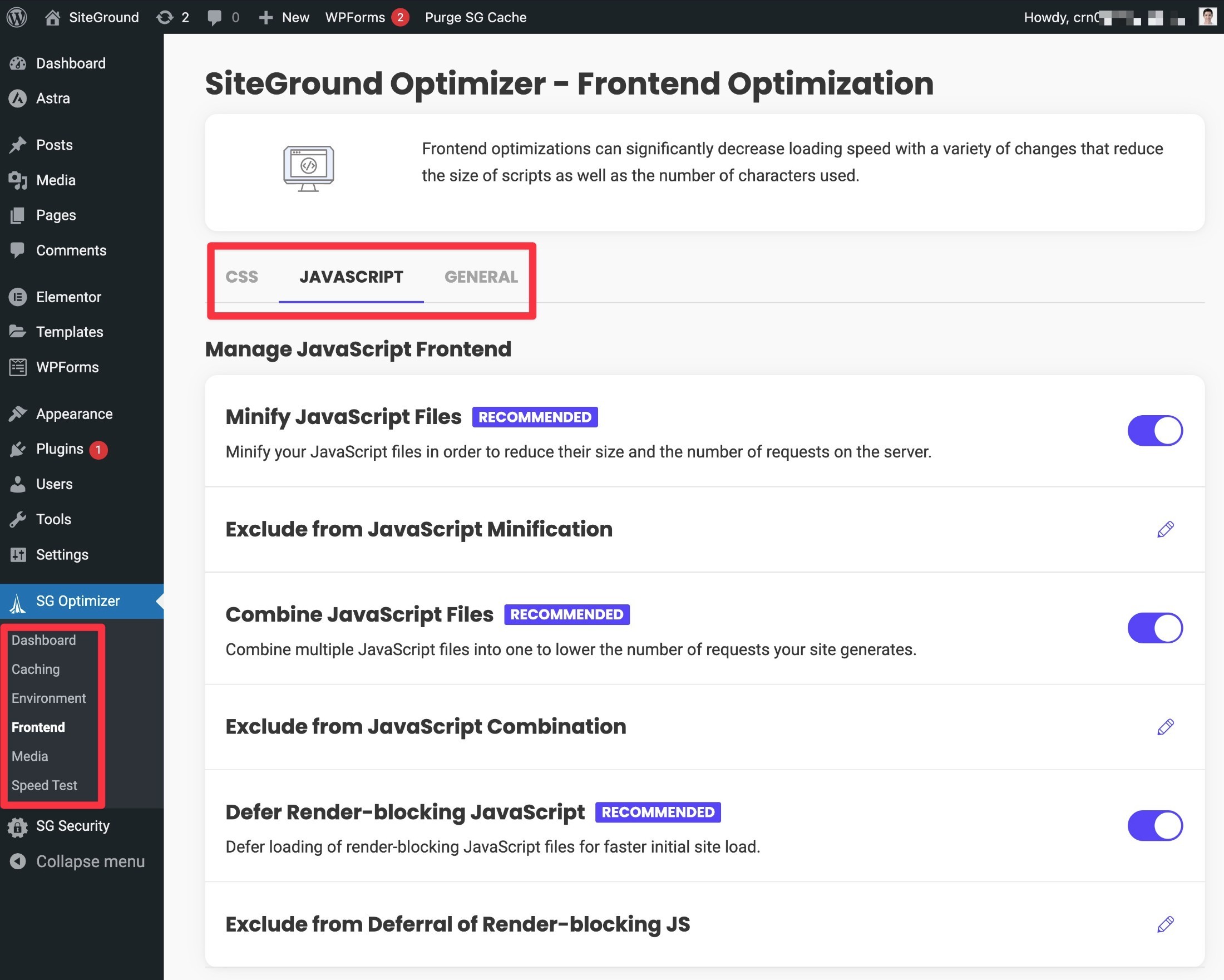 SiteGround Optimizer plugin code optimization settings